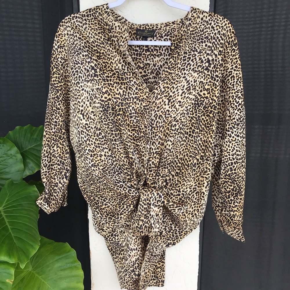 grand & greene Leopard Print Tie-Front Blouse in Tan and Black